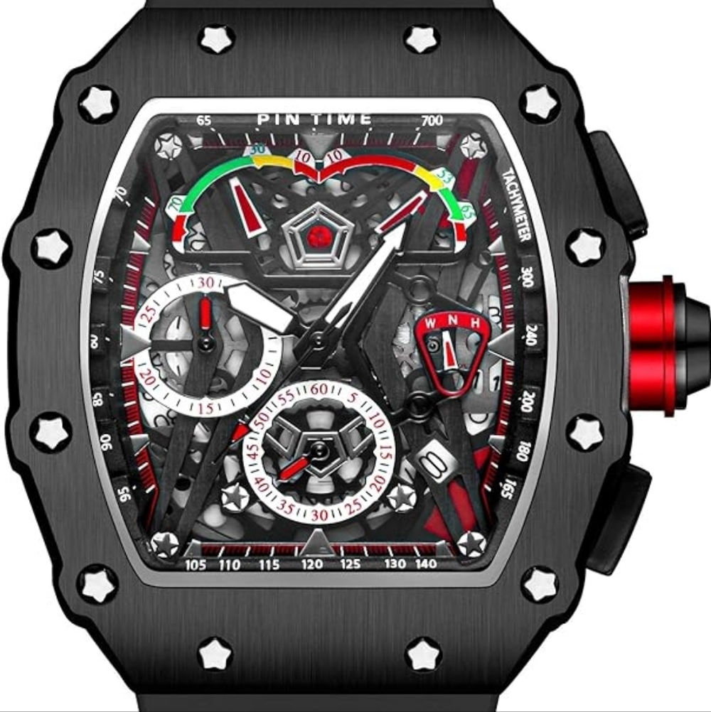 PINTIME Mens Watch  Chronograph Wristwatch Black Red Huge Needs Battery‎